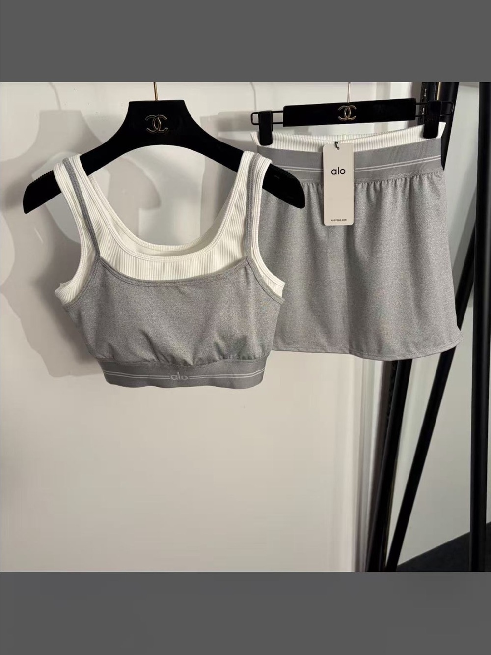 ALO Yoga Grey and White Ribbed Bralette & Mini Skirt Set